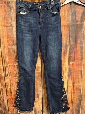 Ashley Mason Dark Blue Wide Leg Jeans with Floral Side Embroidery